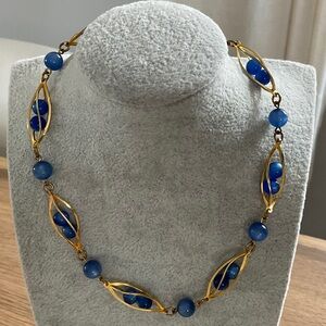 Vintage Medium Dark Blue Light Blue Moon Glow Lucite Necklace Gold